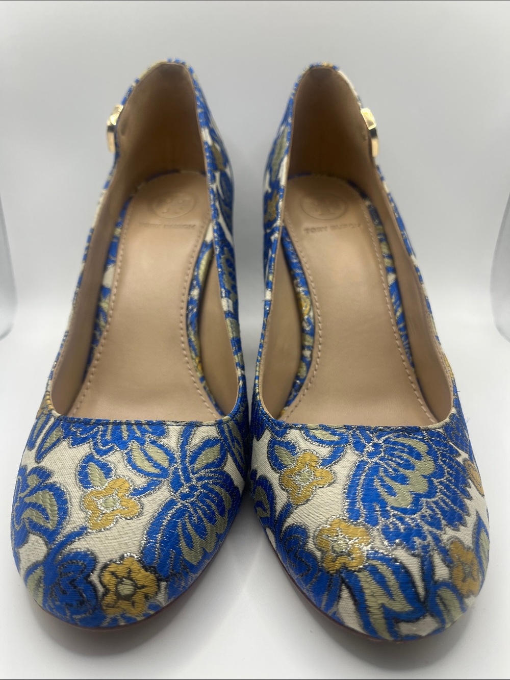 Tory Burch Blue and Gold Floral Jacquard Pumps with Cream Base